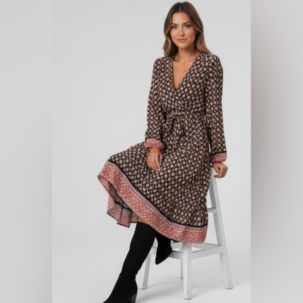 Diamond-Floral Print Lantern Sleeve Overlap Collar Belted Dress